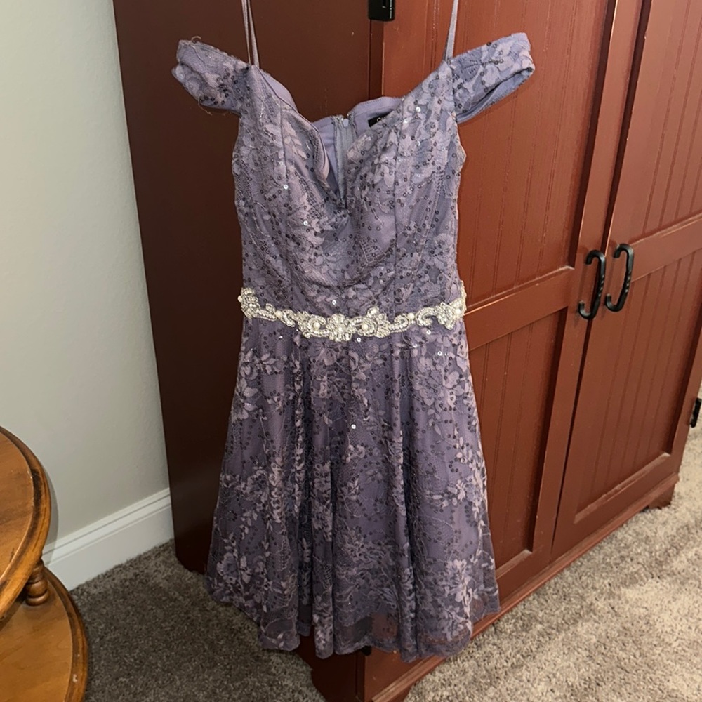 City Studio dark lavender homecoming dress off the shoulder